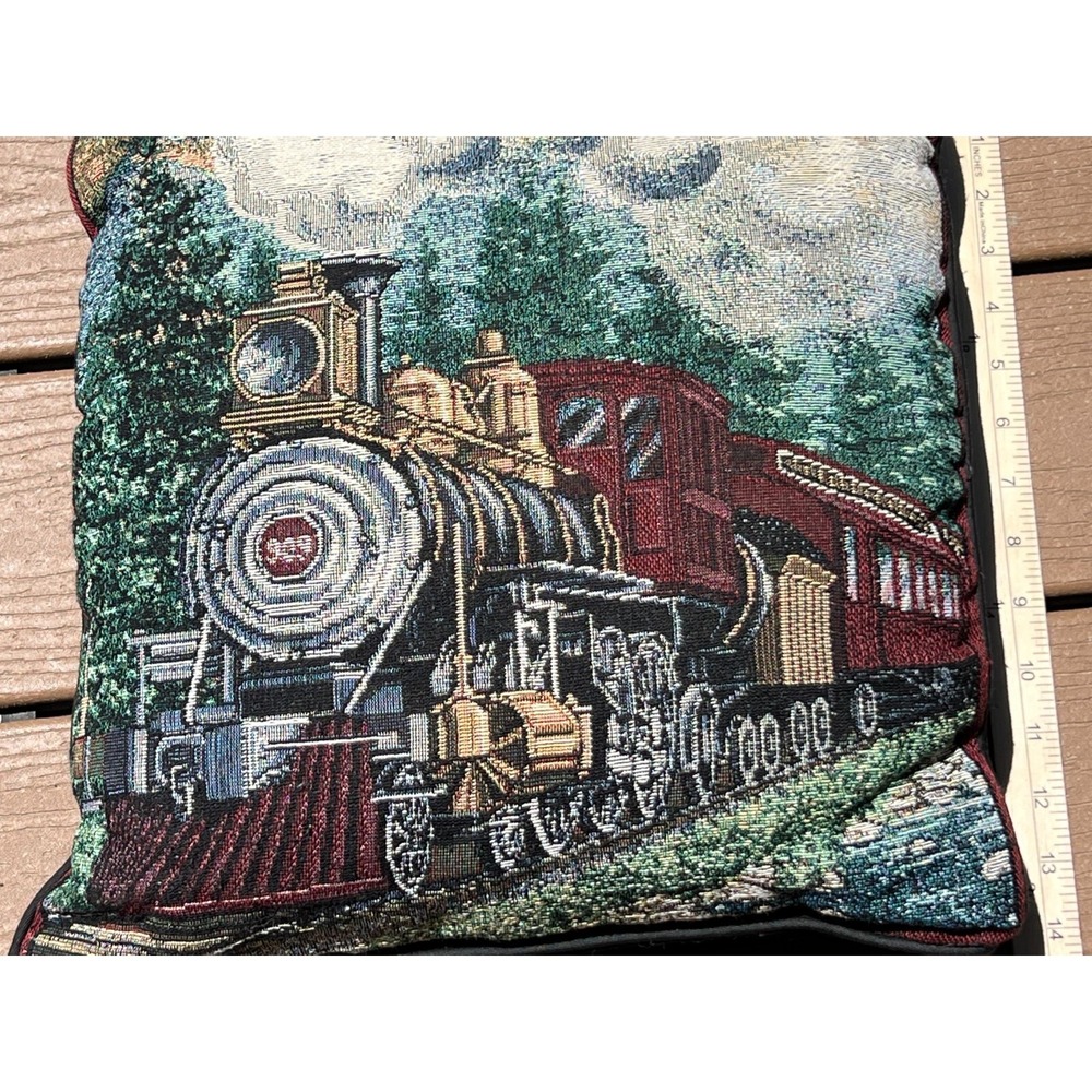 Train Railroad Tapestry Throw Pillow Smokey Express 15" Cottage Black Piping